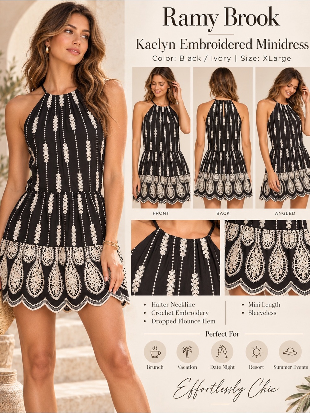 Ramy Brook Kaelyn Embroidered Minidress Black Ivory XLarge NWOT
